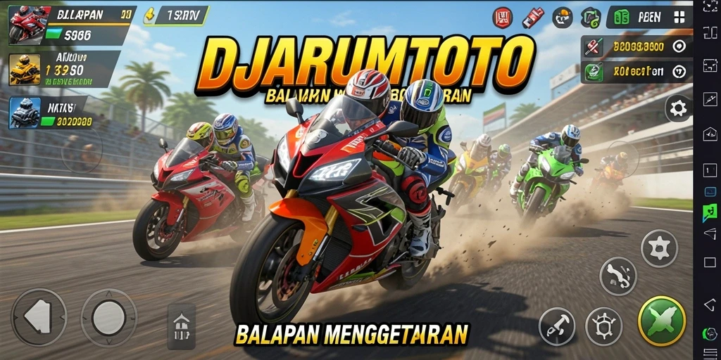 Tampilan gameplay DJARUMTOTO saat balapan motor yang mendebarkan.