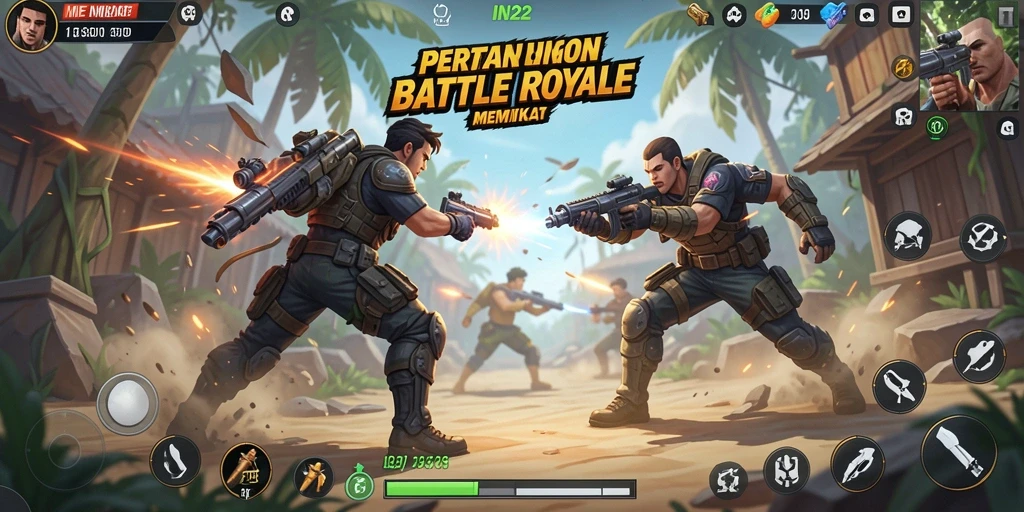 Tangkapan layar gameplay IN22 menampilkan aksi pertempuran Battle Royale yang intens.