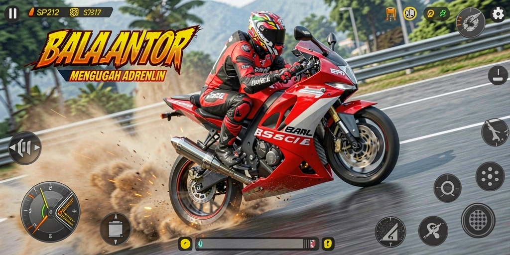 Screenshot SP212 menampilkan aksi balapan motor yang mendebarkan.